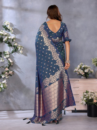 Anaita Dark Navy Blue Premium Banarasi Tissue Silk Saree With Gala Weaving Work