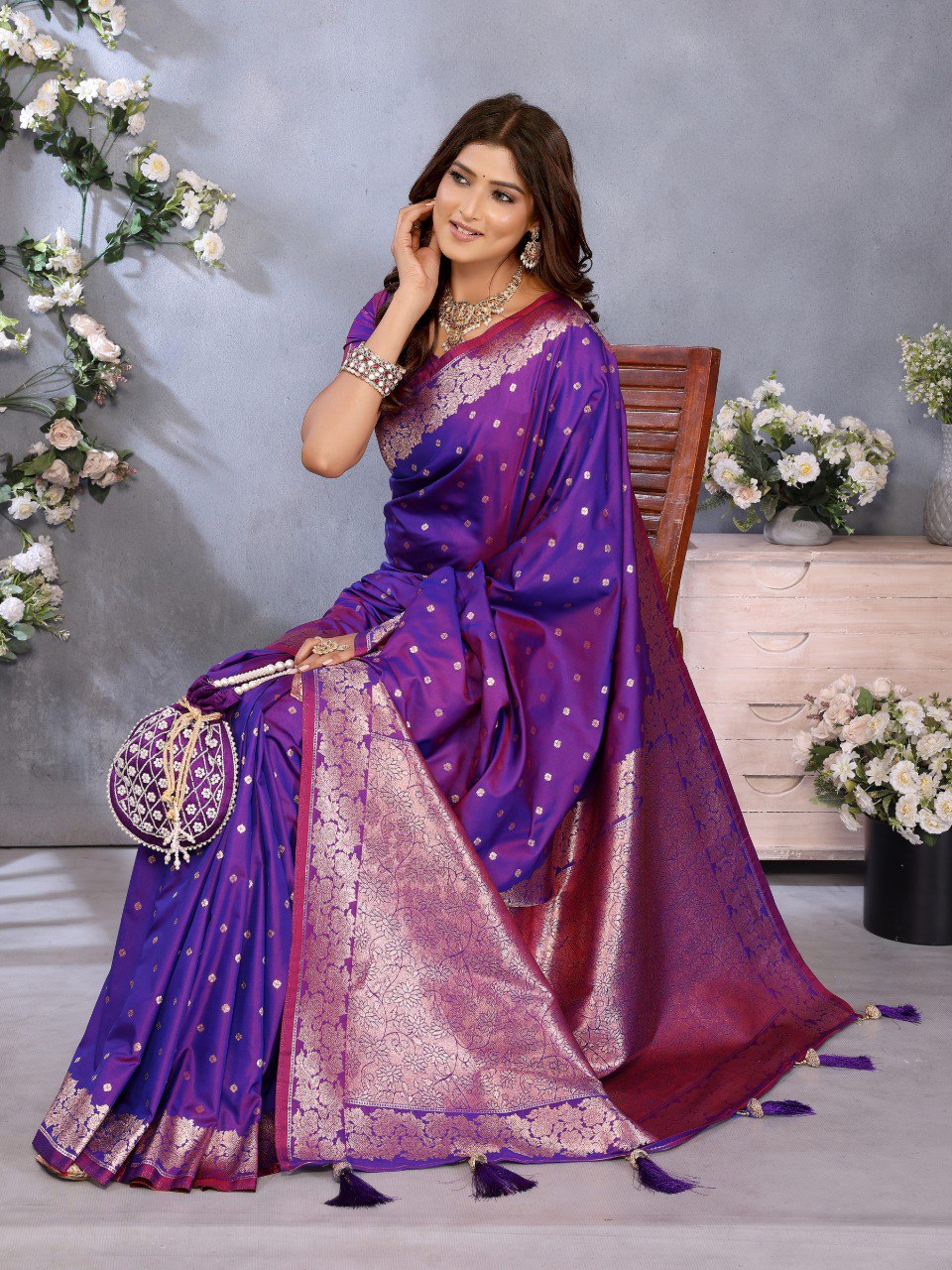 Anaita Purple Premium Banarasi Tissue Silk Saree With Gala Weaving Work