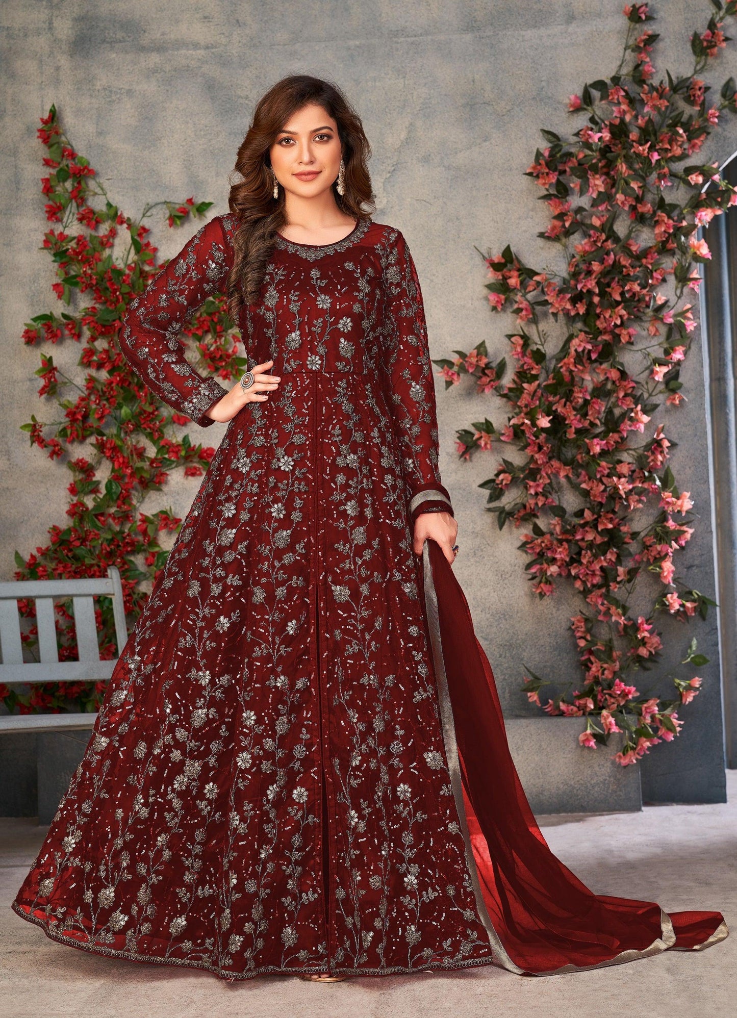 Anaita Maroon Embroidered Butterfly Net Anarkali Suit