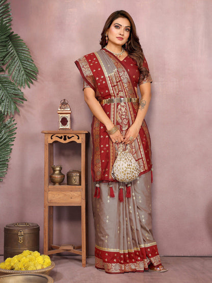 Anaita Grey Handloom Kalamkari Silk Saree With Zari Woven Work