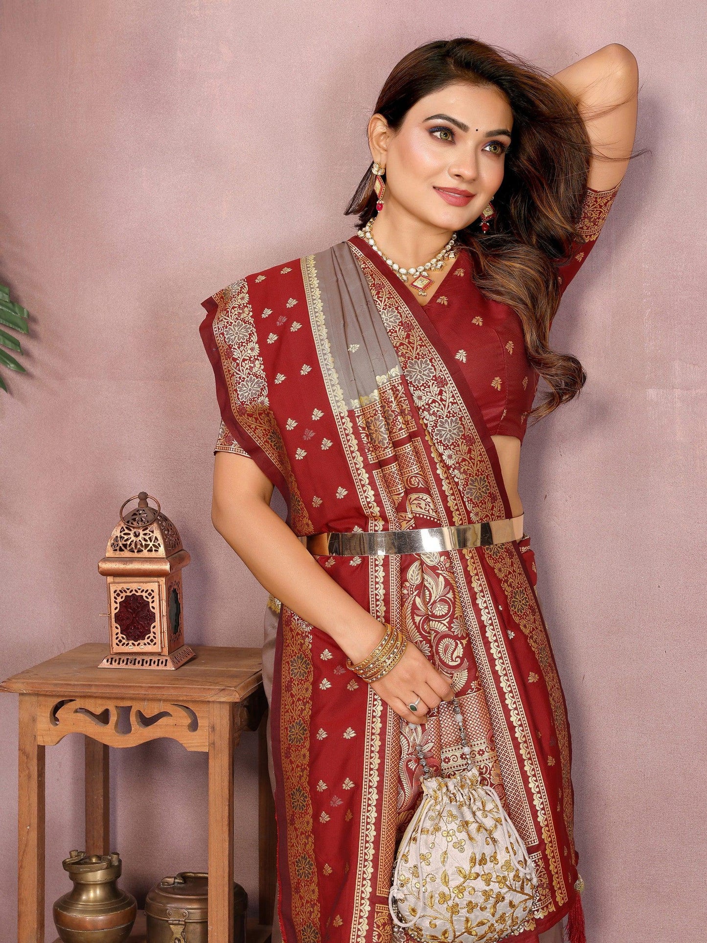Anaita Grey Handloom Kalamkari Silk Saree With Zari Woven Work