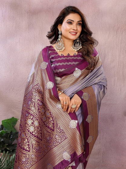 Anaita Lavender Handloom Kalamkari Silk Saree With Zari Woven Work