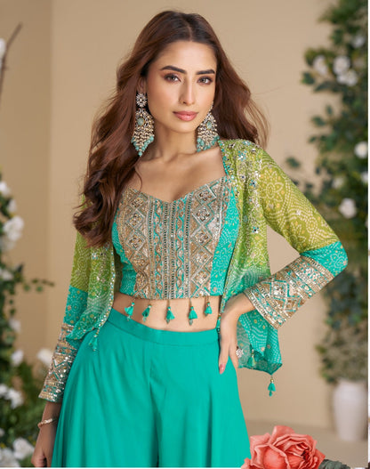 Anaita Teal Blue Heavy Chinon Silk Readymade 3 Piece Set With Sequence & Mirror Work