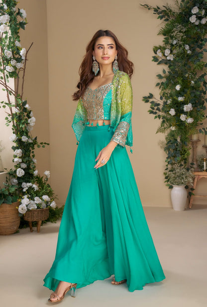 Anaita Teal Blue Heavy Chinon Silk Readymade 3 Piece Set With Sequence & Mirror Work