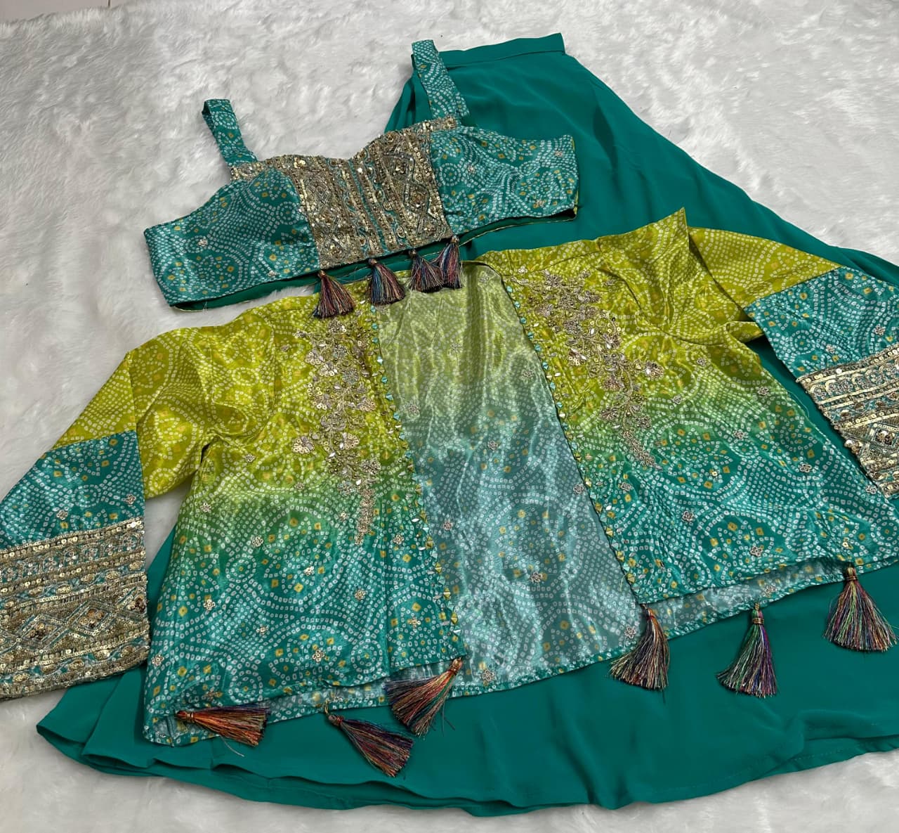 Anaita Teal Blue Heavy Chinon Silk Readymade 3 Piece Set With Sequence & Mirror Work