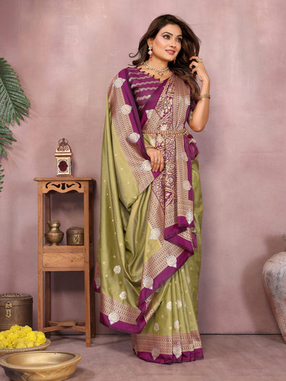 Anaita Olive Handloom Kalamkari Silk Saree With Zari Woven Work