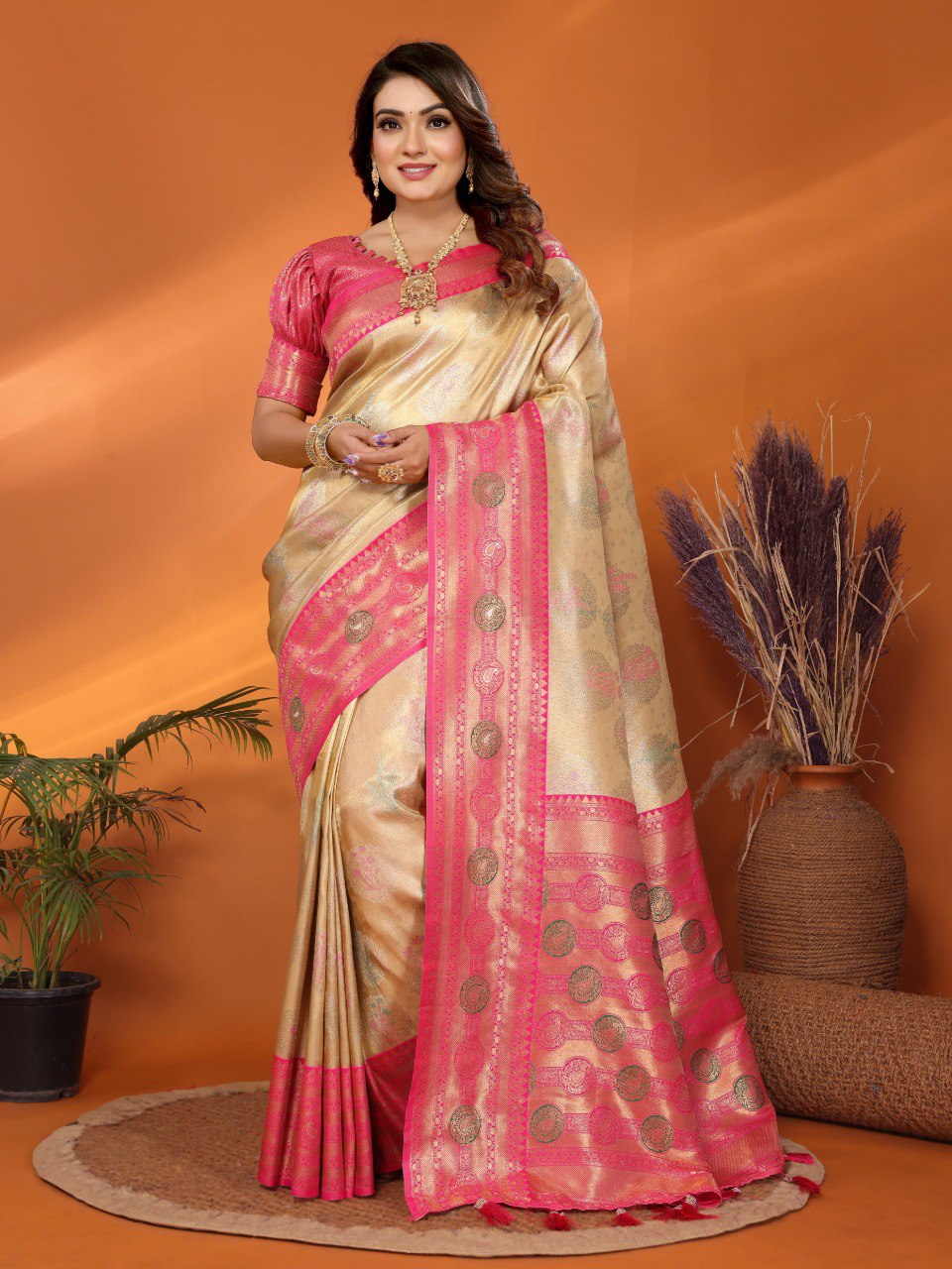 Anaita Beige Banarasi Tissue Silk Saree With Weaving Work