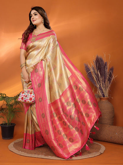 Anaita Beige Banarasi Tissue Silk Saree With Weaving Work