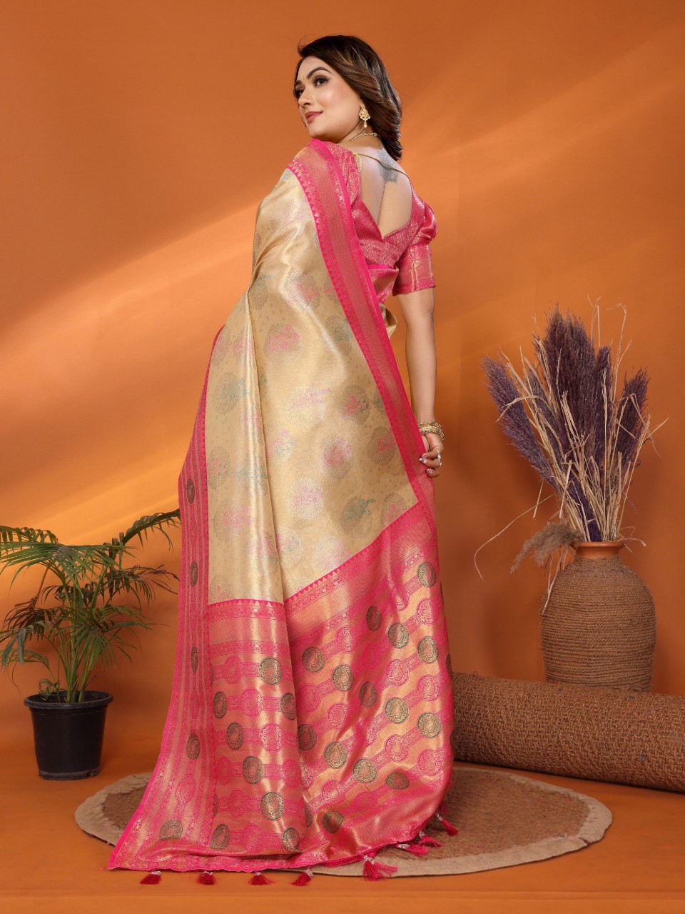 Anaita Beige Banarasi Tissue Silk Saree With Weaving Work