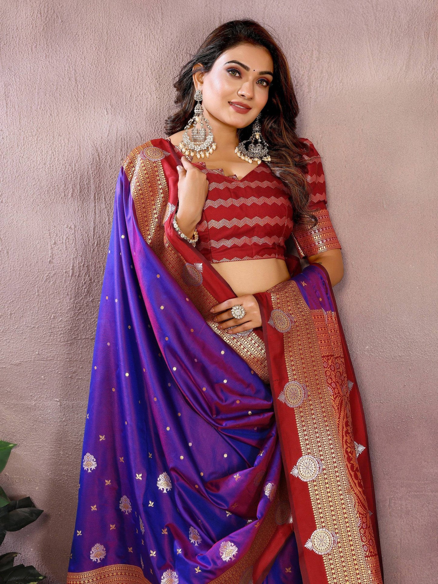 Anaita Violet Handloom Kalamkari Silk Saree With Zari Woven Work
