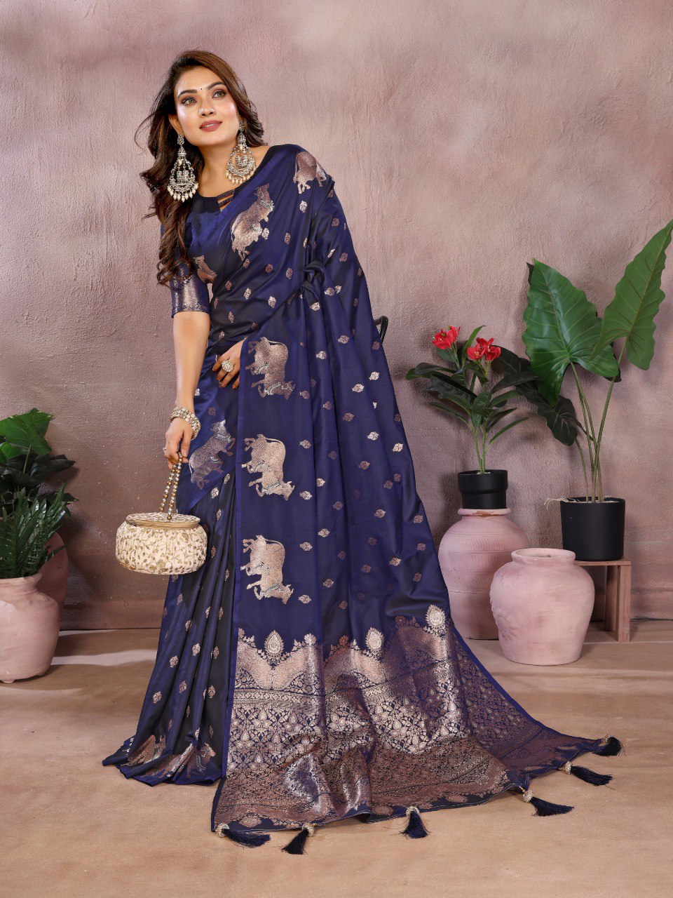 Anaita Dark Navy Blue Premium Banarasi Tissue Silk Saree With Gala Weaving Work