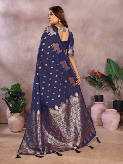 Anaita Dark Navy Blue Premium Banarasi Tissue Silk Saree With Gala Weaving Work