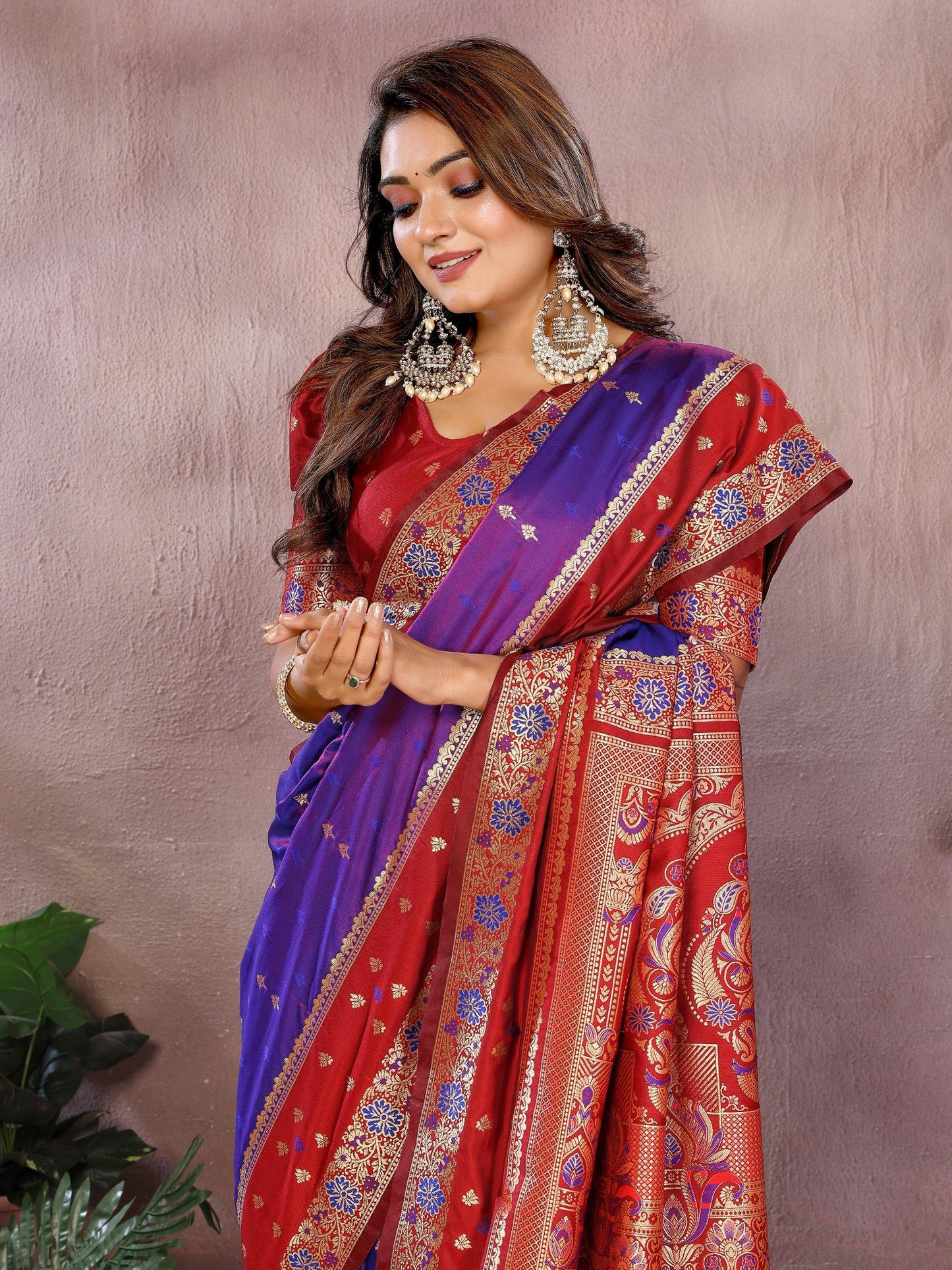 Anaita Violet Handloom Kalamkari Silk Saree With Zari Woven Work