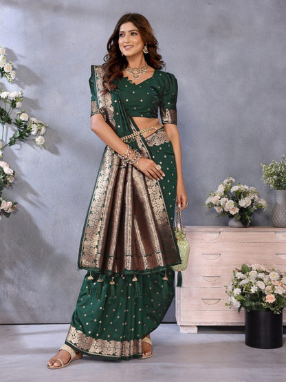 Anaita Dark Green Premium Banarasi Tissue Silk Saree With Gala Weaving Work