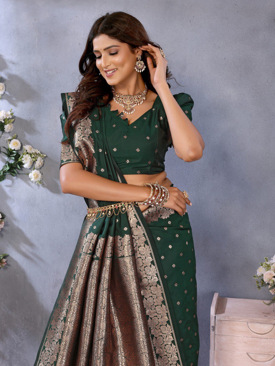 Anaita Dark Green Premium Banarasi Tissue Silk Saree With Gala Weaving Work