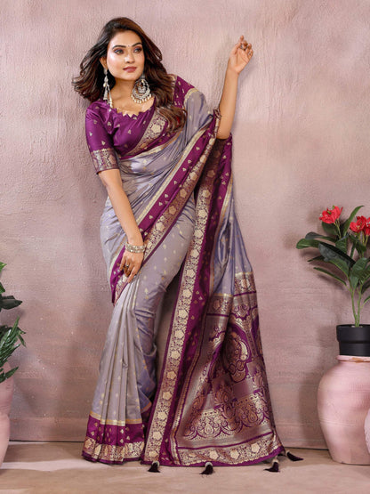 Anaita Lavender Handloom Kalamkari Silk Saree With Zari Woven Work