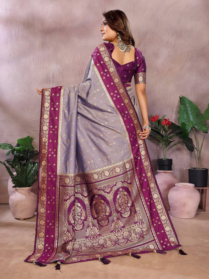 Anaita Lavender Handloom Kalamkari Silk Saree With Zari Woven Work