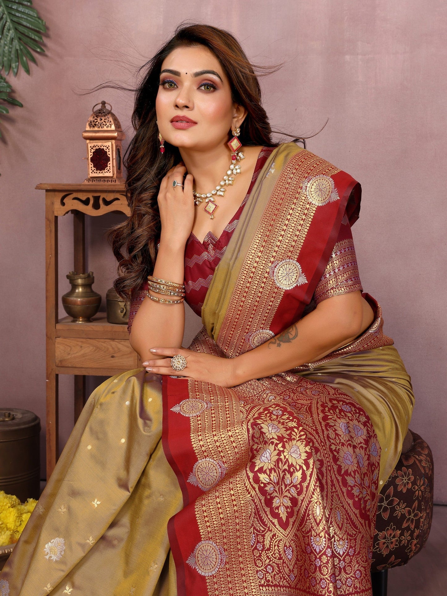 Anaita Gold Handloom Kalamkari Silk Saree With Zari Woven Work
