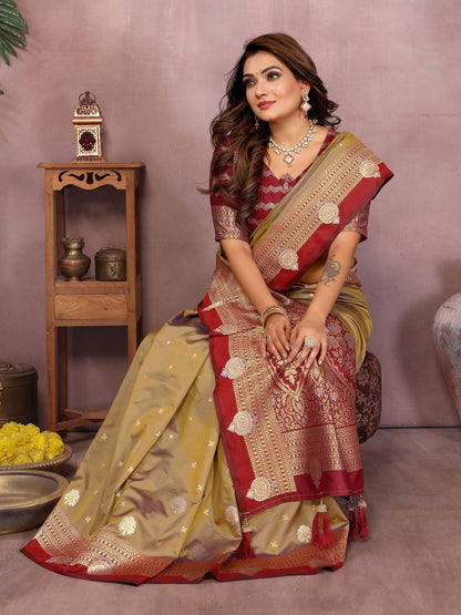 Anaita Gold Handloom Kalamkari Silk Saree With Zari Woven Work