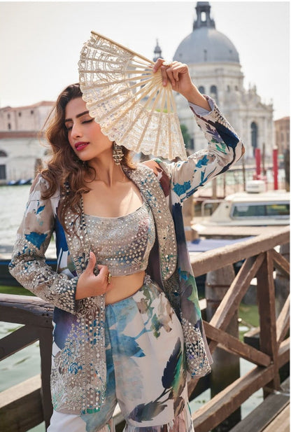 Anaita Navy Chinon Silk Stitched 3 Piece Set With Embroiderd Work