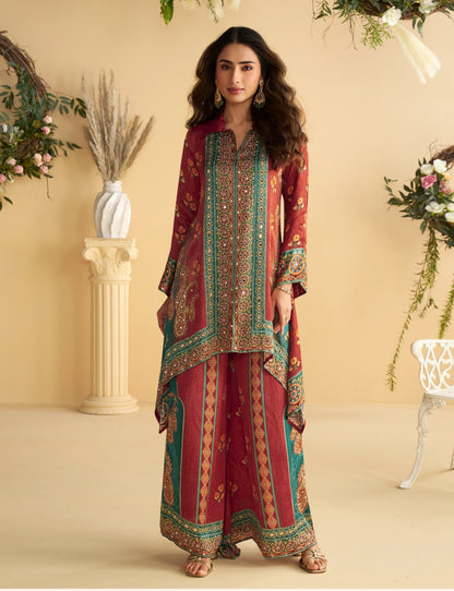 Anaita Red Real Premium Digital Crepe Silk Readymade Cord Set With Mirror Work