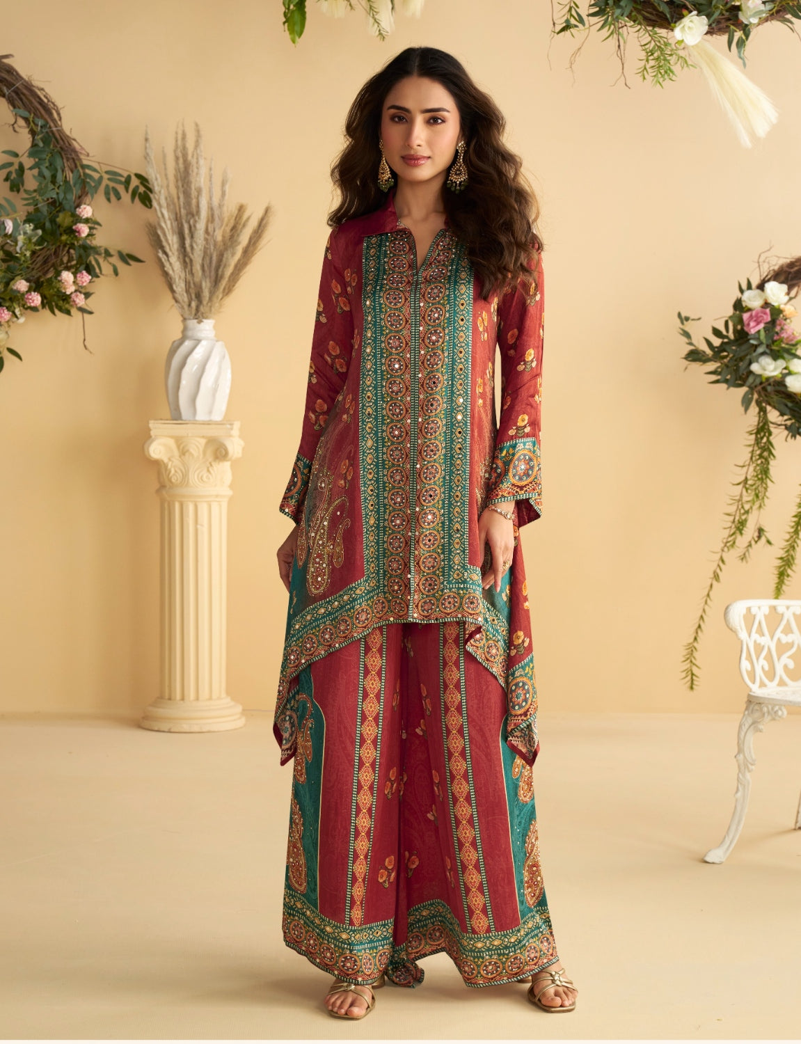 Anaita Red Real Premium Digital Crepe Silk Readymade Cord Set With Mirror Work