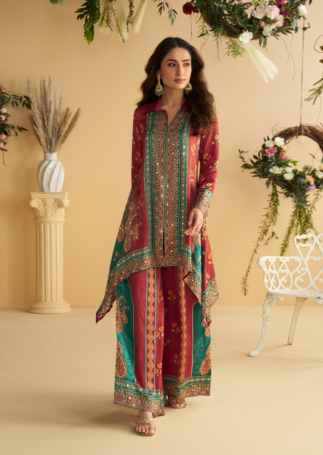 Anaita Red Real Premium Digital Crepe Silk Readymade Cord Set With Mirror Work