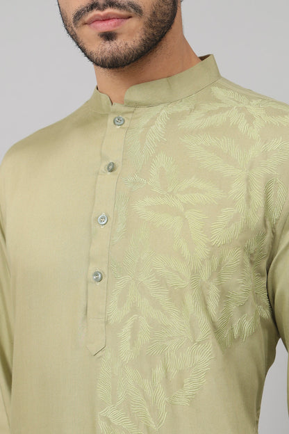 Leafy Embroidered Cotton Kurta by Hilo Design