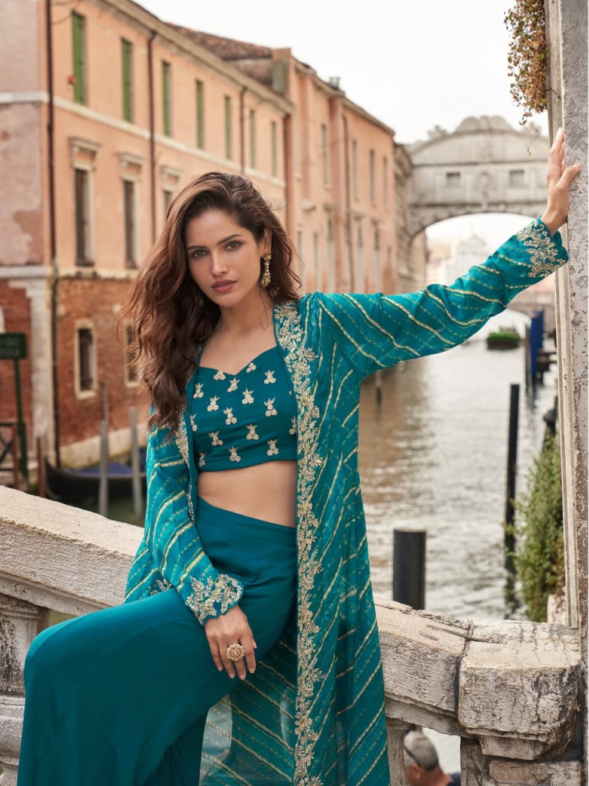 Anaita Emerald Chinon Silk Stitched Shrug Suit With Embroidery Sequence Work