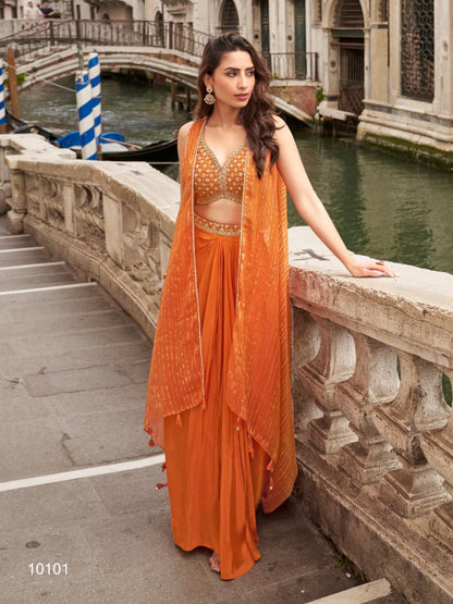 Anaita Orange Chinon Silk Stitched Shrug Suit With Embroidery Sequence Work