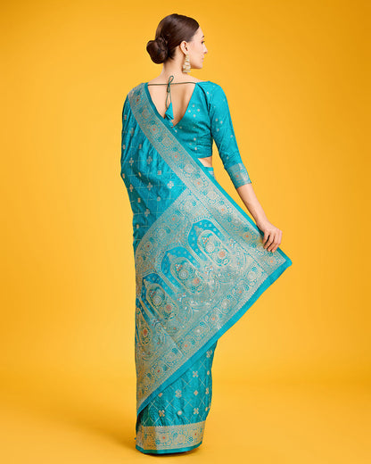 Monjolika Fashion Blushing Cyan Color Banarasi Satin Zari Woven Work Enhanced Elegance Silk Saree