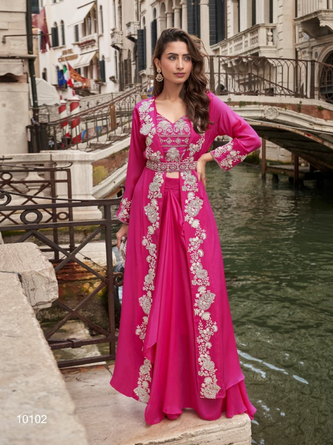 Anaita Magenta Chinon Silk Stitched Shrug Suit With Embroidery Sequence Work