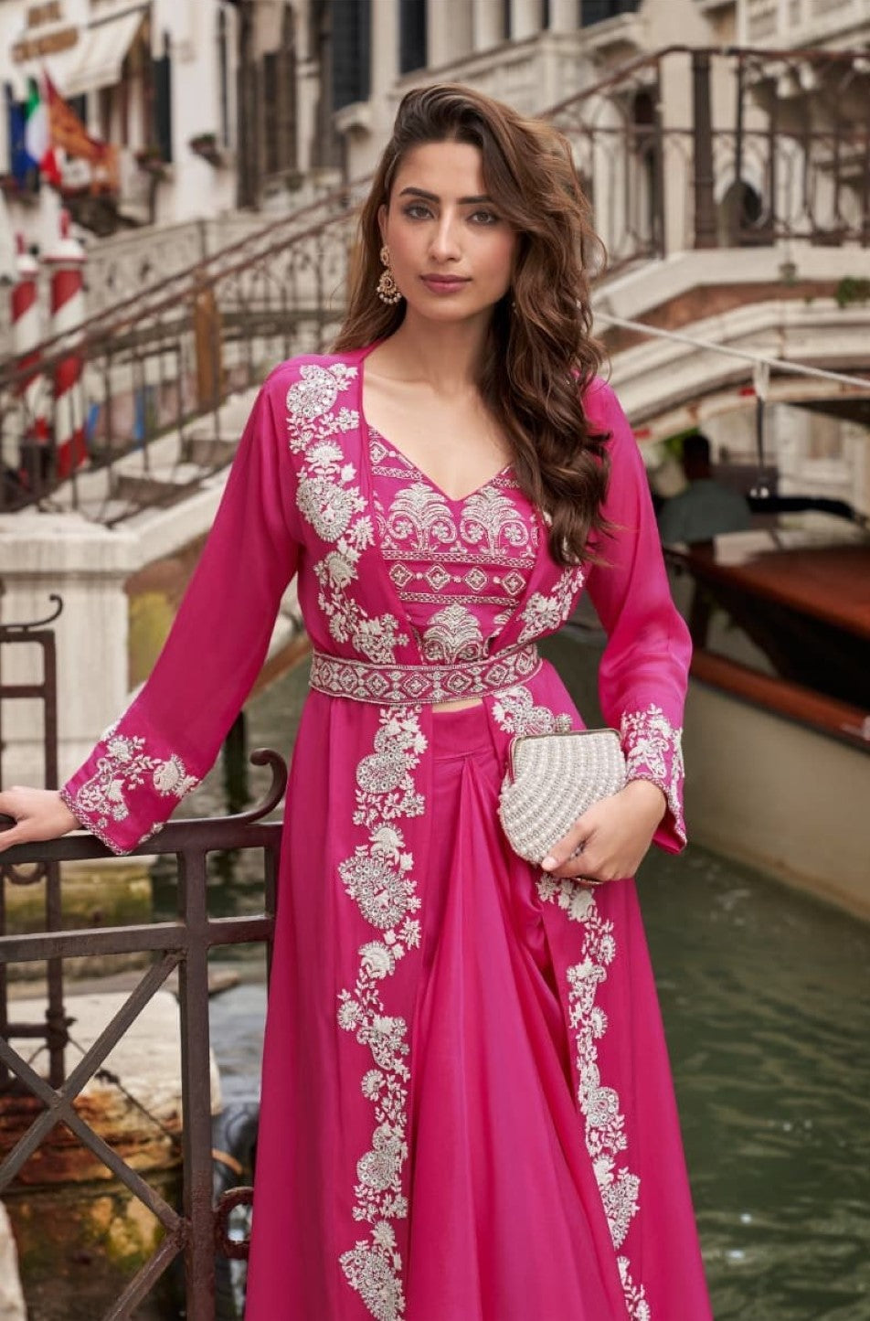 Anaita Magenta Chinon Silk Stitched Shrug Suit With Embroidery Sequence Work