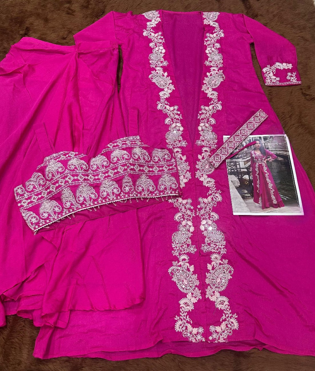 Anaita Magenta Chinon Silk Stitched Shrug Suit With Embroidery Sequence Work