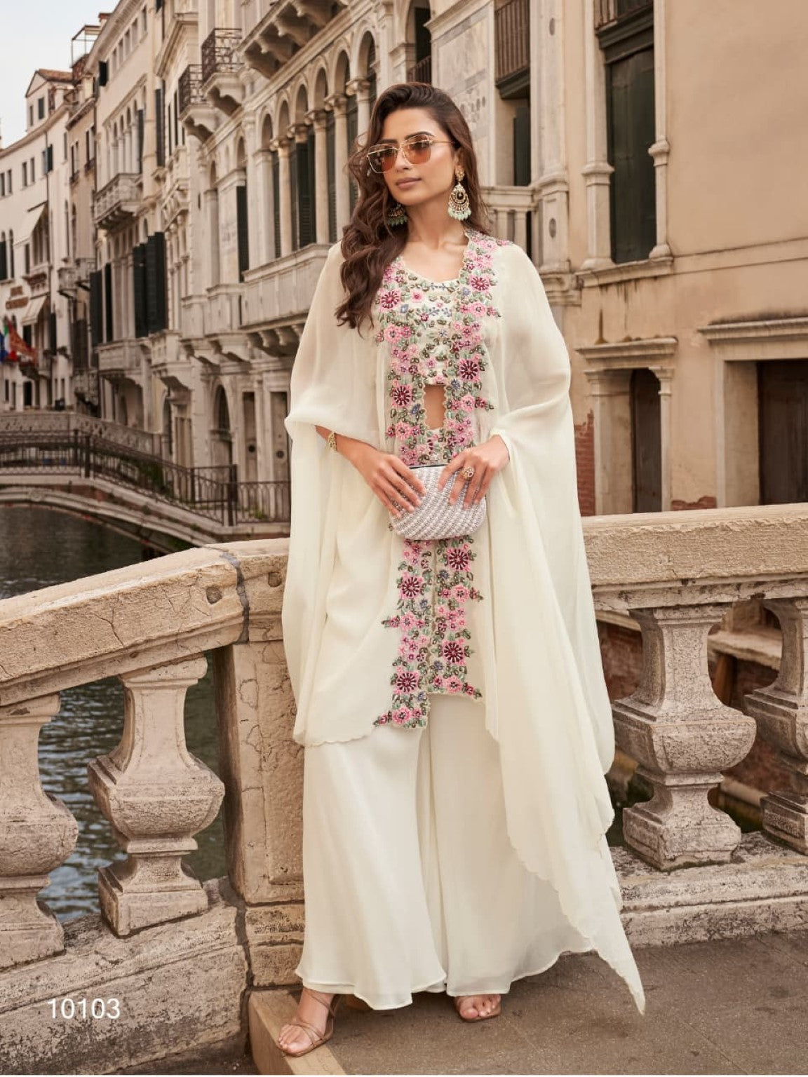 Anaita White Chinon Silk Stitched Shrug Suit With Embroidery Sequence Work