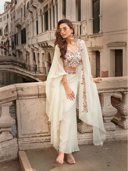 Anaita White Chinon Silk Stitched Shrug Suit With Embroidery Sequence Work