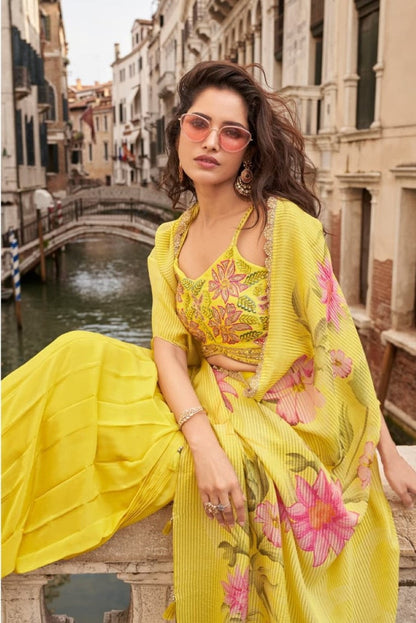 Anaita Yellow Chinon Silk Stitched Shrug Suit With Embroidery Sequence Work