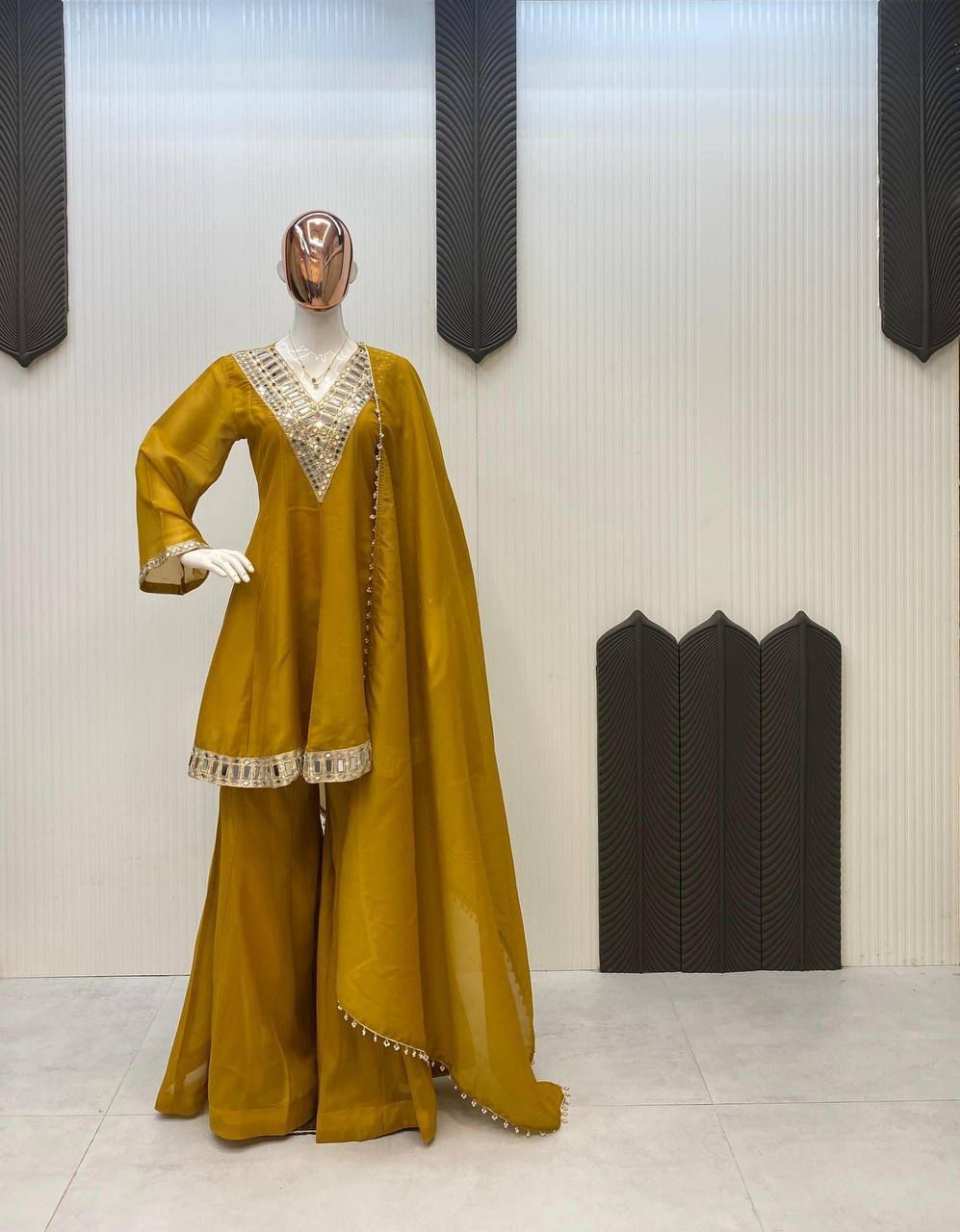 Anaita Mustard Silk Readymade Suit with Real Mirror Work