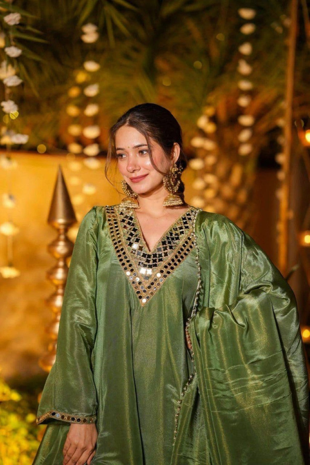 Anaita Green Silk Readymade Suit with Real Mirror Work