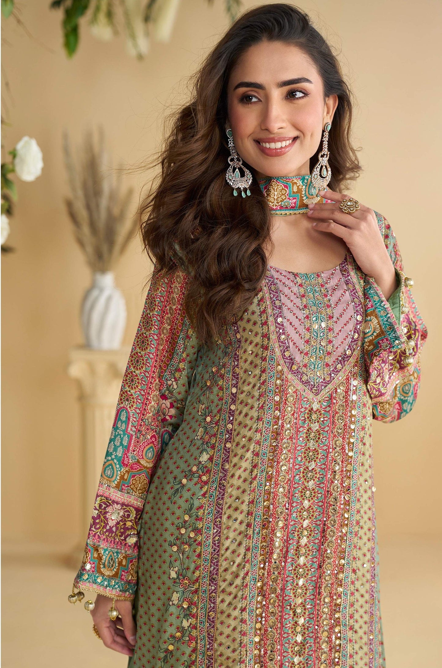 Anaita Green Crepe Stitched Suit With Digital Printed Work