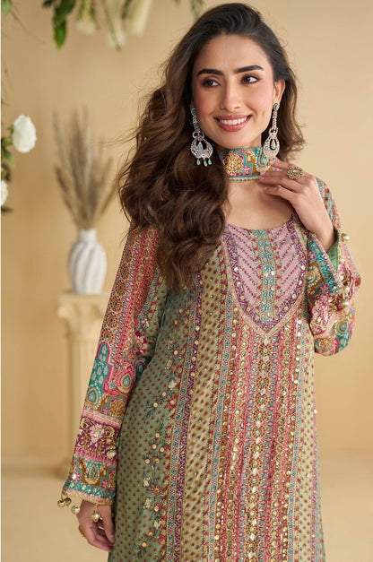 Anaita Green Crepe Stitched Suit With Digital Printed Work