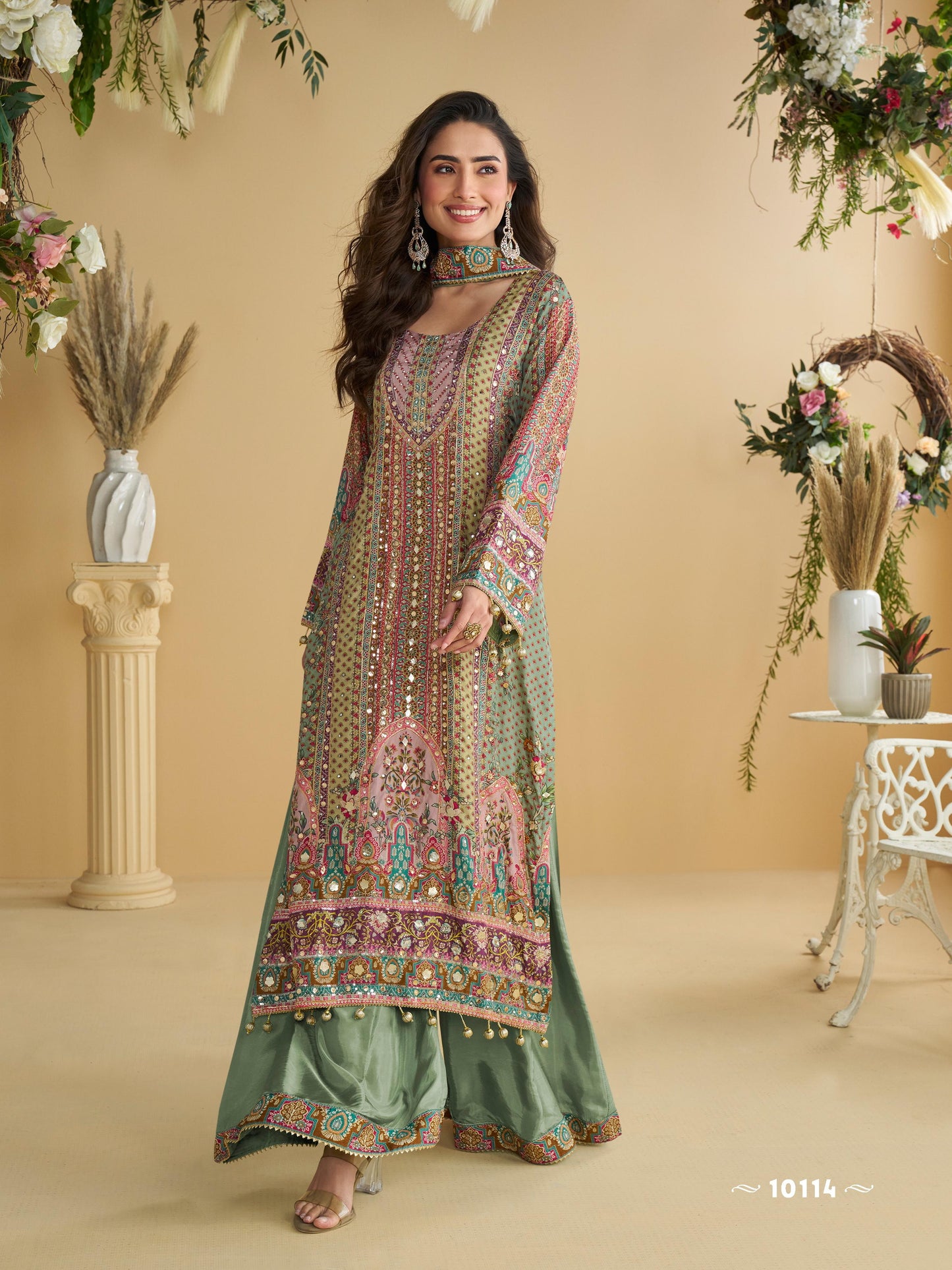 Anaita Green Crepe Stitched Suit With Digital Printed Work