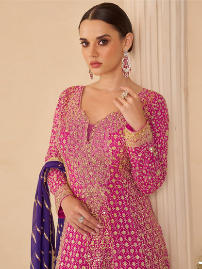 Anaita Magenta Real Georgette Stitched Suit With Sequence & Diamond Work