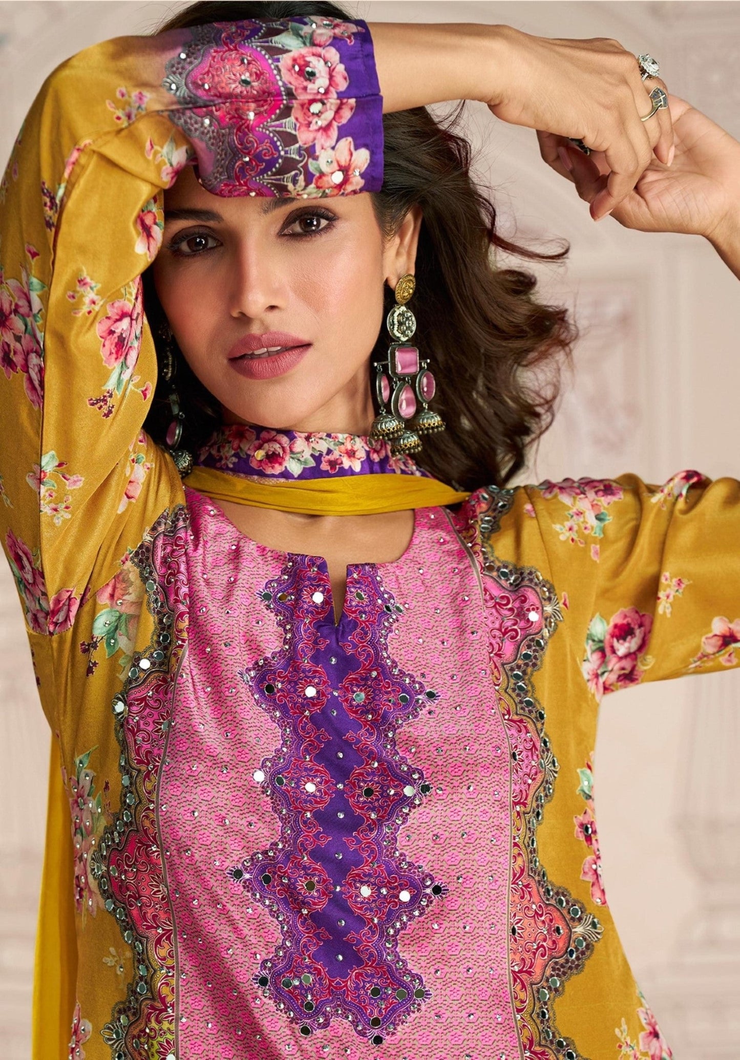Anaita Yellow Crepe Stitched Sharara Suit With Hand Mirror Work