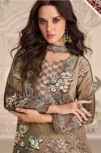 Anaita Brown Crepe Stitched Sharara Suit With Hand Mirror Work
