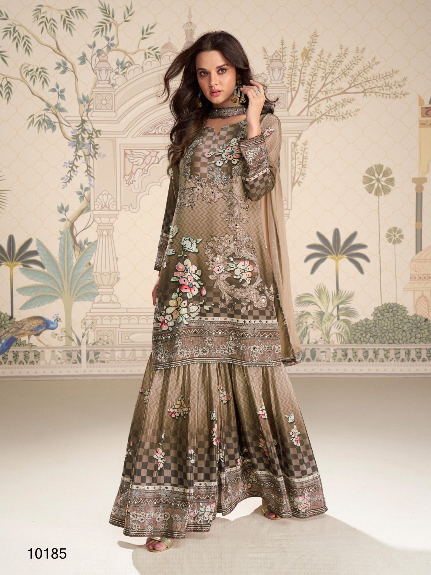 Anaita Brown Crepe Stitched Sharara Suit With Hand Mirror Work