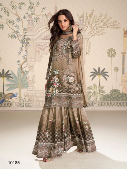 Anaita Brown Crepe Stitched Sharara Suit With Hand Mirror Work