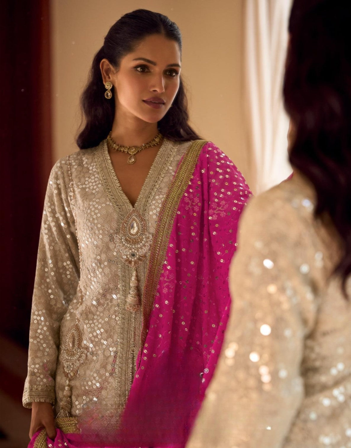 Anaita Cream Georgette Stitched Suit With Embroidery & Beats Work