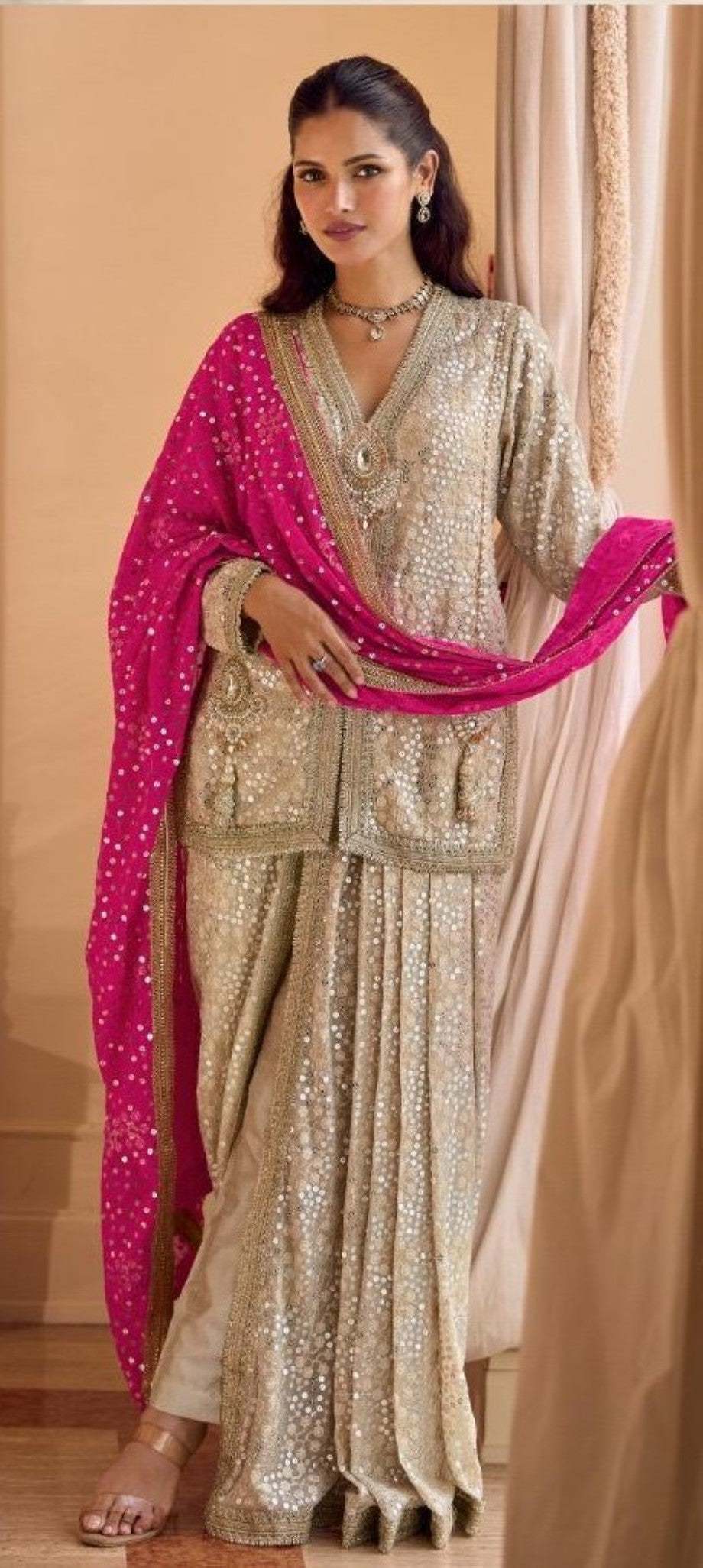 Anaita Cream Georgette Stitched Suit With Embroidery & Beats Work