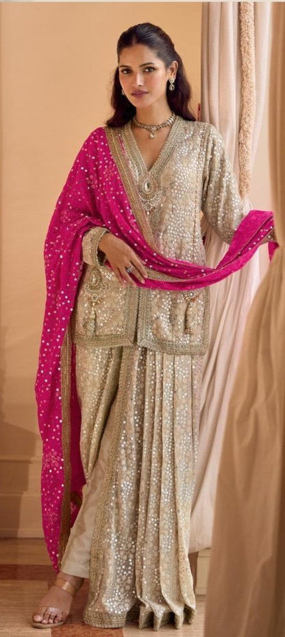 Anaita Cream Georgette Stitched Suit With Embroidery & Beats Work